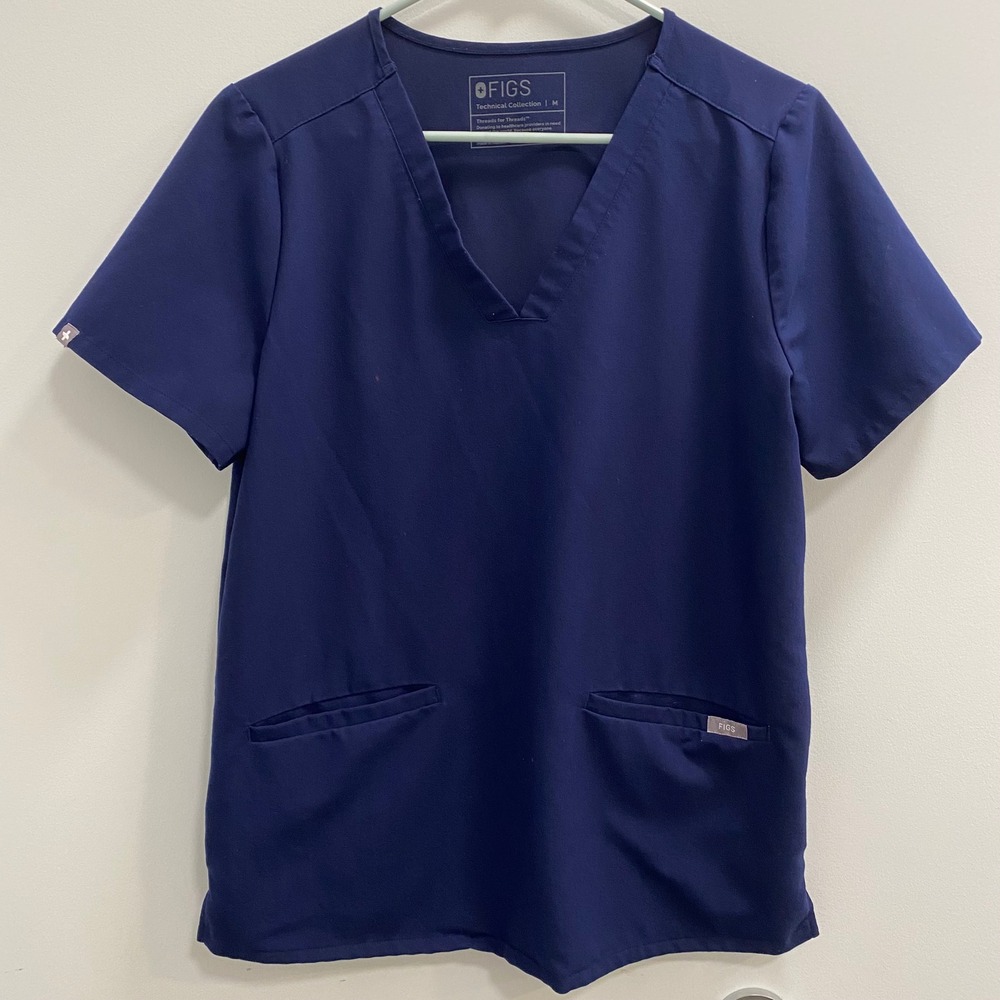 FIGS Scrub Top Wmn M Navy Blue Technical Collection Nursing V-Neck Short Sleeve